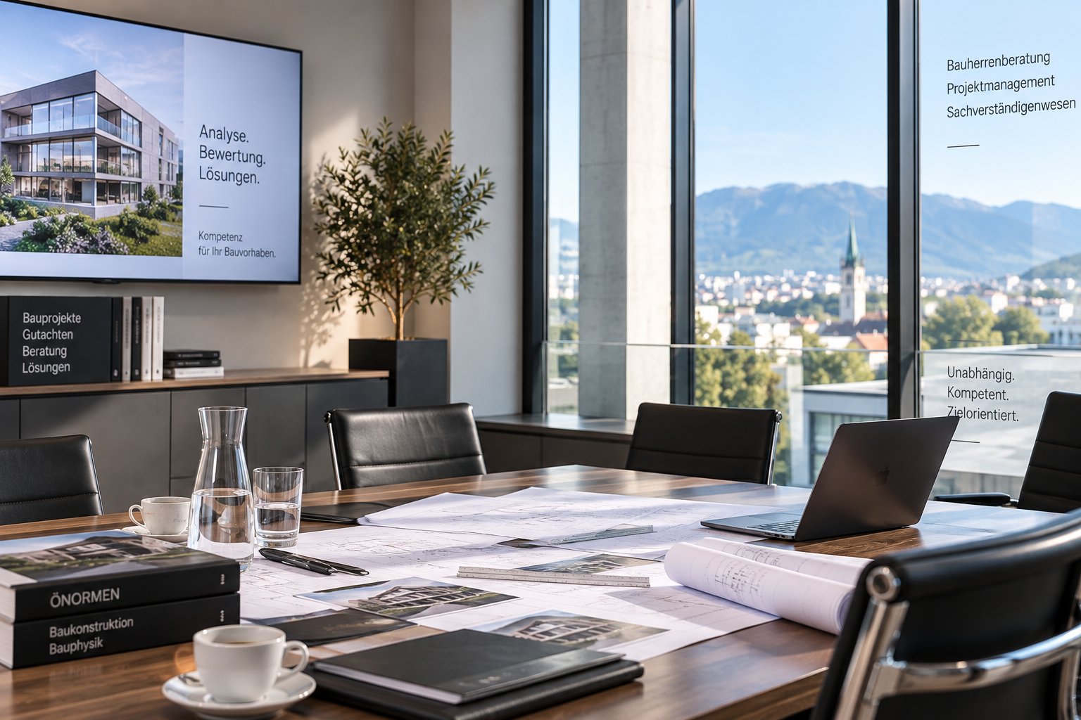 Besprechungsraum des Sachverst&auml;ndigenb&uuml;ros mit Pl&auml;nen, &Ouml;NORM-Ordnern und Blick auf den Bodenseeraum
